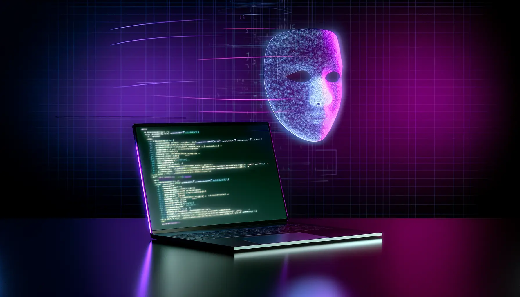 The Ketman Project, operating under ETH Rangers security program, has in latest Ethereum news identifed over 100 North Korea crypto hackers Digital mask overlay above laptop showing fragmented identity data in magenta and purple lighting